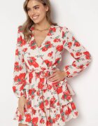 retro & icone Rochie Mini Bej și Roșie cu Imprimeu Floral Decolteu Petrecut Volane și Curea Siboria