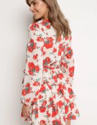 retro & icone Rochie Mini Bej și Roșie cu Imprimeu Floral Decolteu Petrecut Volane și Curea Siboria