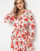 retro & icone Rochie Mini Bej și Roșie cu Imprimeu Floral Decolteu Petrecut Volane și Curea Siboria