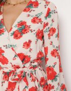 retro & icone Rochie Mini Bej și Roșie cu Imprimeu Floral Decolteu Petrecut Volane și Curea Siboria