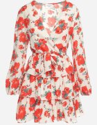 retro & icone Rochie Mini Bej și Roșie cu Imprimeu Floral Decolteu Petrecut Volane și Curea Siboria