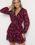 retro & icone Rochie mini cloche roz florală cu decolteu triunghiular și volane Cehamla