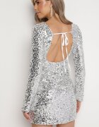 retro & icone Rochie Mini Mulată Argintie cu Decupaj la Spate Decorată cu Paiete Akorra
