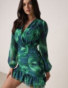 retro & icone Rochie Mini Verde cu tiv drapat cu volan și decolteu petrecut Elissea