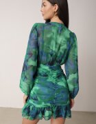 retro & icone Rochie Mini Verde cu tiv drapat cu volan și decolteu petrecut Elissea