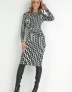 retro & icone Rochie Neagră-Albă Tricotată cu Model Geométric cu Guler semi-înalt Mata
