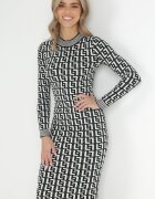retro & icone Rochie Neagră-Albă Tricotată cu Model Geométric cu Guler semi-înalt Mata