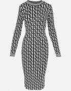 retro & icone Rochie Neagră-Albă Tricotată cu Model Geométric cu Guler semi-înalt Mata