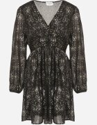 retro & icone Rochie neagră croi evazat cu elastic în talie decorată cu imprimeu strălucitor Bonizia
