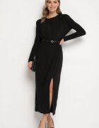 retro & icone Rochie neagră de viscoză cu elastic în talie și șliț elegant Jistaria
