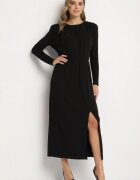 retro & icone Rochie neagră de viscoză cu elastic în talie și șliț elegant Jistaria