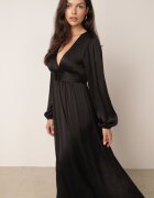 retro & icone Rochie Neagră Maxi Cloș din Țesătură Netedă cu Decolteu Petrecut și Mâneci Largi Smruti