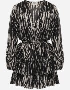 retro & icone Rochie Negru-Alb Cloș Mini Petrecută cu Curea și Volane cu Model Abstract Aintersa