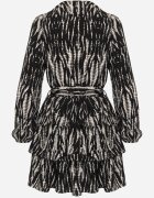 retro & icone Rochie Negru-Alb Cloș Mini Petrecută cu Curea și Volane cu Model Abstract Aintersa