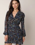 retro & icone Rochie Negru-Albastră Mulată Florală cu încrețituri și volane Mirilia