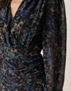 retro & icone Rochie Negru-Albastră Mulată Florală cu încrețituri și volane Mirilia