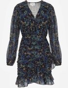 retro & icone Rochie Negru-Albastră Mulată Florală cu încrețituri și volane Mirilia