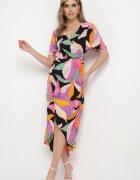 retro & icone Rochie Negru-Roz cu Mânecă Scurtă și Decolteu Petrecut Efinue