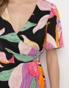 retro & icone Rochie Negru-Roz cu Mânecă Scurtă și Decolteu Petrecut Efinue