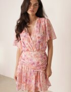 retro & icone Rochie petrecută cu flori cu elastic în talie și fronseu la tiv Klimereia Roz
