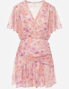 retro & icone Rochie petrecută cu flori cu elastic în talie și fronseu la tiv Klimereia Roz