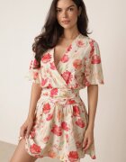 retro & icone Rochie petrecută din viscoză cu elastic în talie la spate cu imprimeu floral Pentonia Bej