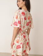retro & icone Rochie petrecută din viscoză cu elastic în talie la spate cu imprimeu floral Pentonia Bej