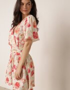 retro & icone Rochie petrecută din viscoză cu elastic în talie la spate cu imprimeu floral Pentonia Bej
