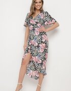 retro & icone Rochie Petrecută Negru-Roz cu Flori cu Decolteu Triunghiular cu Elastic în Talie Weana