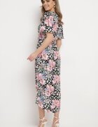 retro & icone Rochie Petrecută Negru-Roz cu Flori cu Decolteu Triunghiular cu Elastic în Talie Weana