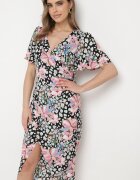 retro & icone Rochie Petrecută Negru-Roz cu Flori cu Decolteu Triunghiular cu Elastic în Talie Weana