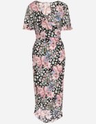 retro & icone Rochie Petrecută Negru-Roz cu Flori cu Decolteu Triunghiular cu Elastic în Talie Weana