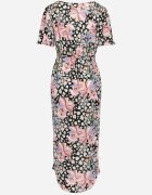 retro & icone Rochie Petrecută Negru-Roz cu Flori cu Decolteu Triunghiular cu Elastic în Talie Weana
