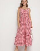 retro & icone Rochie Roșie în carouri mici Decorată cu nasturi Lenimme
