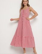 retro & icone Rochie Roșie în carouri mici Decorată cu nasturi Lenimme