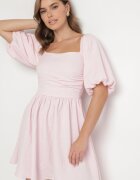 retro & icone Rochie Roz Evazată cu Mâneci Bufante și Decolteu Pătrat Galzemis