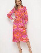 retro & icone Rochie Roz Tip plic Midi cu Centură în Talie și Model Ikat Kllerdia
