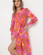 retro & icone Rochie Roz Tip plic Midi cu Centură în Talie și Model Ikat Kllerdia