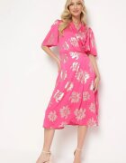 retro & icone Rochie Roză Petrecută cu Model Metalic Floral Legată în Talie Firiona