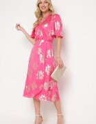retro & icone Rochie Roză Petrecută cu Model Metalic Floral Legată în Talie Firiona