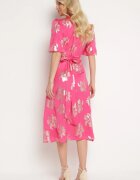 retro & icone Rochie Roză Petrecută cu Model Metalic Floral Legată în Talie Firiona