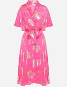 retro & icone Rochie Roză Petrecută cu Model Metalic Floral Legată în Talie Firiona