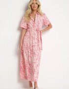 retro & icone Rochie tip cămașă roz cu imprimeu floral închisă cu nasturi cu cordon din material Eseria