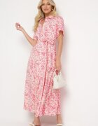 retro & icone Rochie tip cămașă roz cu imprimeu floral închisă cu nasturi cu cordon din material Eseria