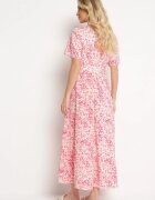 retro & icone Rochie tip cămașă roz cu imprimeu floral închisă cu nasturi cu cordon din material Eseria