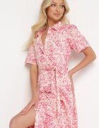 retro & icone Rochie tip cămașă roz cu imprimeu floral închisă cu nasturi cu cordon din material Eseria