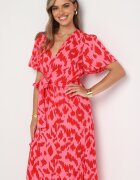 retro & icone Rochie tip plic Roșu-Roz cu elastic în talie și curea din material textil cu decupaje decorative Agea