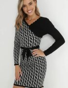 retro & icone Rochie tricotată alb-negru cu model geometric și decolteu petrecut Mazia