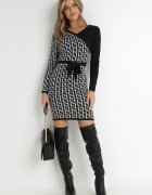 retro & icone Rochie tricotată alb-negru cu model geometric și decolteu petrecut Mazia