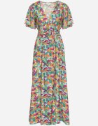 retro & icone Rochie Verde din Vâscoză cu Drapaje Decorative și Elastic în Talie cu Fentă la Bază Fierasa